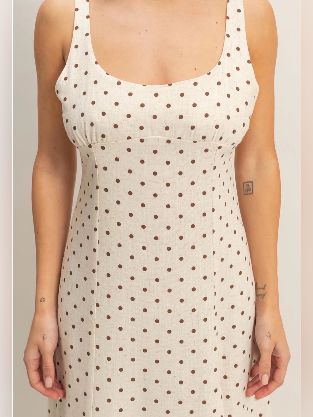 HYFVE Cream Slip Dress with Brown Polka Dot Print